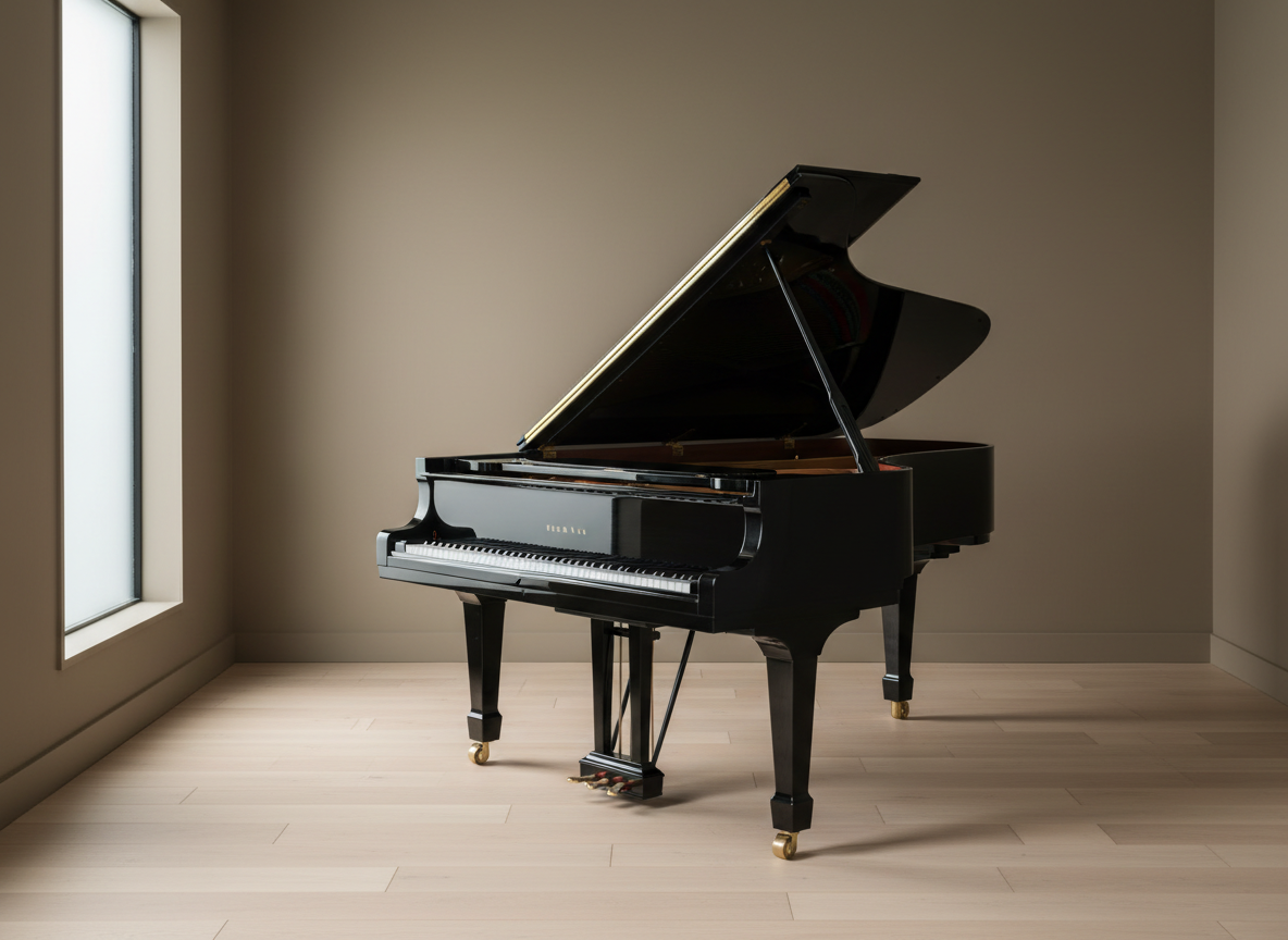 An elegant grand piano with a lustrous, hand-polished ebony finish, showcased in a refined, minimalist room with muted taupe walls and pale wood floors. The piano’s smooth curves and meticulously detailed brass pedals catch the light softly. Gentle, natural afternoon light filters in from a tall, frosted window, casting subtle highlights along the piano’s lid and creating understated, elongated shadows on the floor. Shot from a slightly elevated angle, the composition centers the piano, with negative space emphasizing its sophisticated form. The mood is serene and contemplative, capturing a sense of reverence and respect for fine instruments. The visual style is photographic realism with a minimalist, elegant approach that aligns with a high-end piano service business.