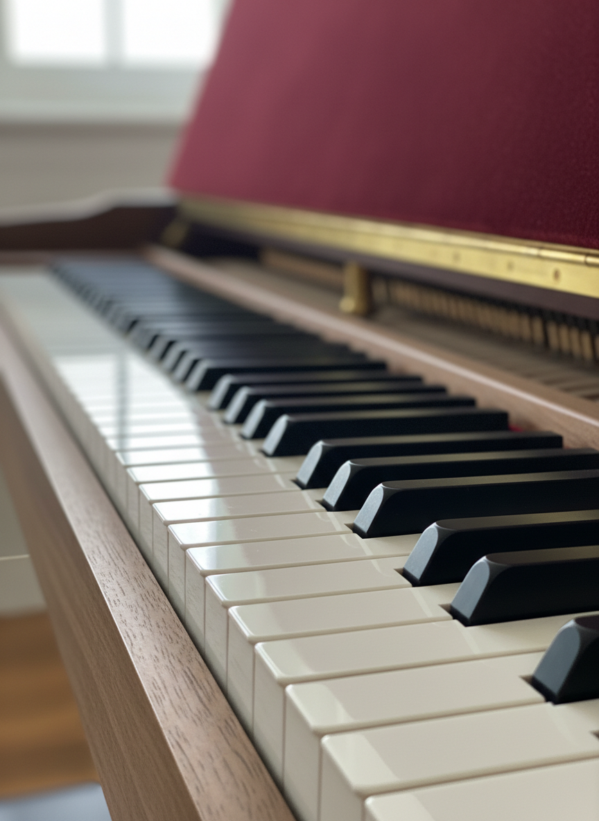 A close-up photographic view of glossy, perfectly aligned ebony and ivory piano keys, each key showing delicate texture and soft reflections from diffused window light above. The keys rest on a clean, minimalist matte walnut frame. In the softly blurred background, hints of a velvet-lined music stand and subtle gold hardware add warmth and refinement. Captured with a shallow depth of field from a low, diagonal angle, the image focuses attention on the smooth, pristine surfaces and subtle gradients of color. The atmosphere feels calm, with a focus on craft and precision, embodying the meticulous care central to professional piano services.