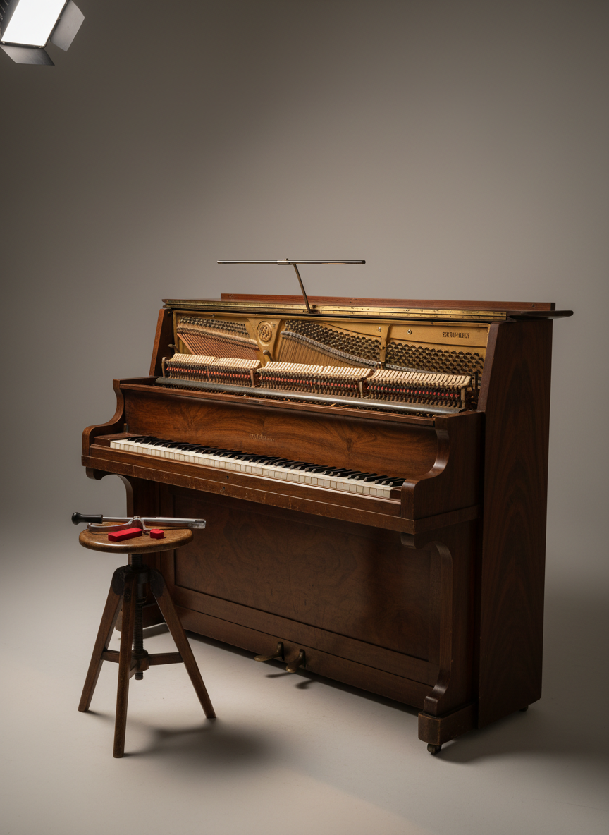 A classic upright piano constructed from rich, aged mahogany wood with fine grain, positioned against a muted gray wall in a well-lit, uncluttered studio. The piano is open, revealing polished brass pins and elegantly coiled strings inside, with small tools like a tuning lever and soft felt mutes neatly arranged nearby on a slender stool. Overhead, gentle studio lighting creates refined highlights on the inner mechanisms and soft shadows beneath the keys. Captured from an eye-level perspective and balanced with negative space, the mood is quietly industrious and sophisticated, emphasizing the expert, behind-the-scenes attention to detail of piano care.