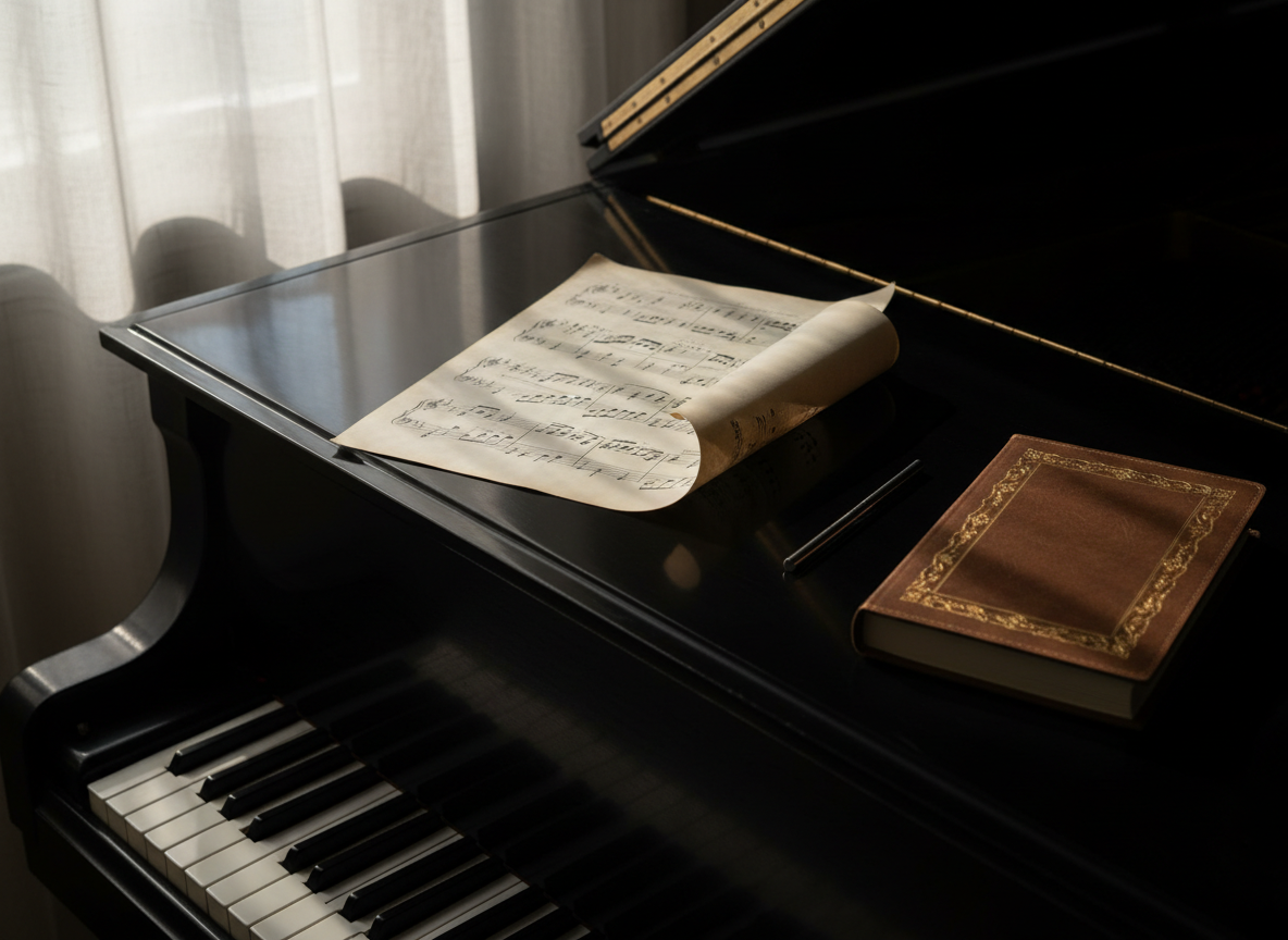 A tastefully composed still life of a single sheet of classical piano music, slightly curled at the edge, resting atop a closed, gleaming black piano lid. Nearby, a finely bound notebook with a gold-embossed cover and a slim, polished tuning fork create an atmosphere of preparation and thoughtful documentation. Soft early morning light slants across the scene through a partially open curtain, producing gentle gradients and delicate, elongated shadows. Framed from a slightly oblique overhead angle, the aesthetic is minimalist and refined, with every detail communicating patience, expertise, and reverence for the instrument and its music.
